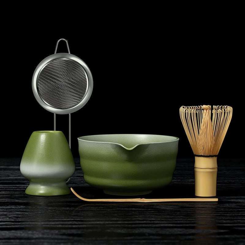 Possiave 5 Pcs Gradient Green Matcha Set - Ceramic Bowl, Bamboo Chasen, Holder, Scoop & Sifter for Tea Ceremony Enthusiasts, Matcha Whisk Set for Tea Lovers - Image 1